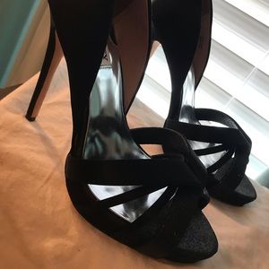Badgley Mischka Cherise black satin glitter heels